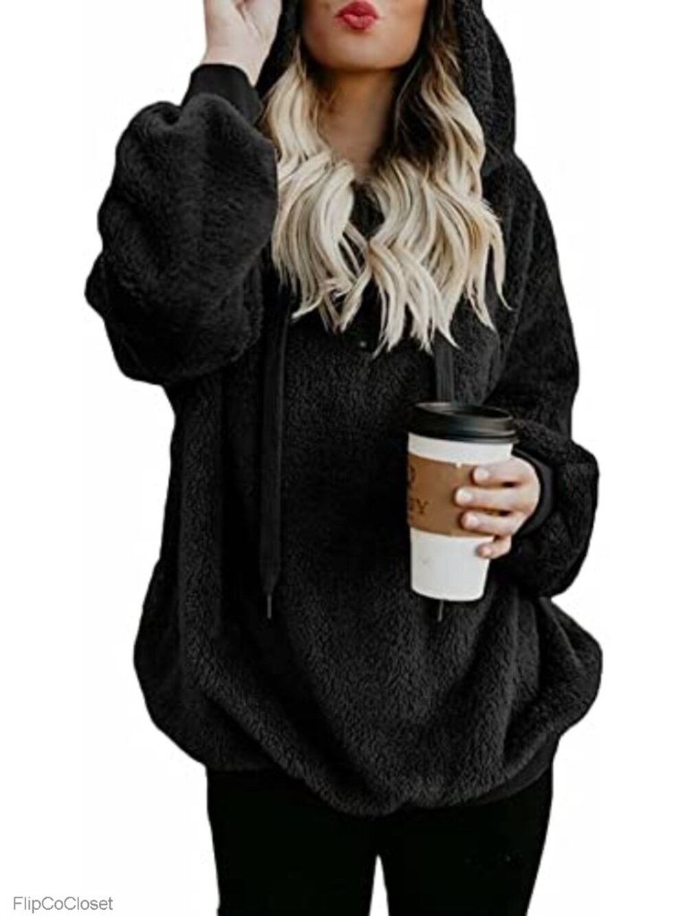 Oversized Sherpa Fleece Pullover Hoodie with Pockets Half Zip